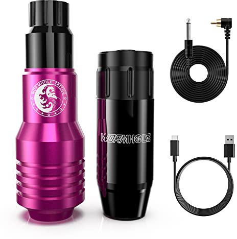 Wormhole Tattoo Penna senza fili per tatuaggio senza fili, con batteria per tatuaggi da 1200 mAh, alimentatore per tatuaggi, senza fili, con cavo RCA per tatuaggi, cavo di tipo C (rosa) CHPD02-D