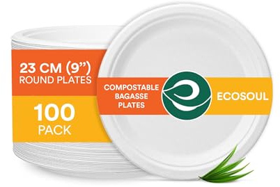 ECO SOUL Pappteller(23 cm) 9 Einwegteller, Weiß(100-Stück) | Aus Bagasse hergestellt, 100% kompostierbar & plastikfrei, Mikrowellen & gefriergeeignet, Auslaufsicher und extra stabil