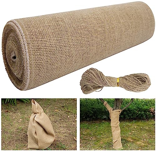 Rouleau de Toile de Jute Naturelle de 40 cm x 6 m pour Tronc d'arbre - Bandage en Toile de Jute avec Cordes - Tissu de Protection Contre Le Gel et Le Gel pour Arbres, arbustes, Plantes en Hiver
