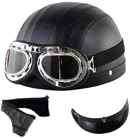 Pelle Moto Casco Scodella con Occhialoni, Moto Casco Mezzo, retrò Caschi Jet da Moto Uomo Donna, ECE DOT Omologato Casco Mezzo Guscio per Scooter Cruiser Chopper (Color : A, Size : (55-60) cm)