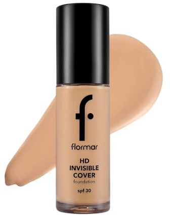 Flormar Invisible Cover HD Foundation – Fond de teint liquide crémeux avec SPF 30, couvrance modulable et fini naturel lumineux – 3 teintes adaptées à tous types de peau – 30 g, 90 Golden Neutral