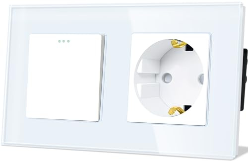 TAWOIA Lichtschalter mit Steckdose 1 Fach 1 Weg Glas Platte Unterputz Taste Schalter mit Schuko Steckdose 16 Amp 86 * 157mm Weiß Wechselschalter