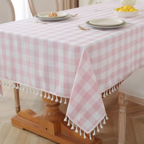Alsoo Karierte Tischdecke, Baumwoll-Leinen-Stoff, lichtecht, waschbar, Tischdecke für Küche, Esstisch, Wohnzimmer, rosa und weiß, Buffalo Plaid Tischdecken, 140 x 277 cm