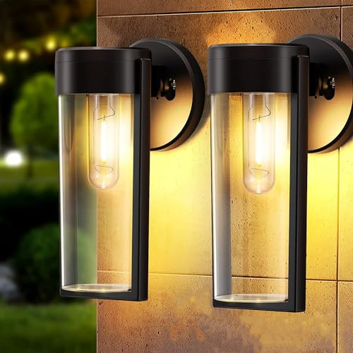 FORNORM Solar Fence Lights Outdoor Wall Lights 4 Pack, Waterproof, Black | Garden Solar Lights Outdoor Waterproof Wall Sconce, Front Door Fence Patio Wall Lighting with Clear Acrylic Shade