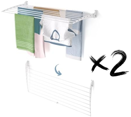 Foxydry Fold, wandwäscheständer, klappbar platzsparend, 116 cm X2 | aus aluminium und edelstahl, nach unten klappbar, rostfrei, für terrasse und balkon, trägt 10 kg, weiß