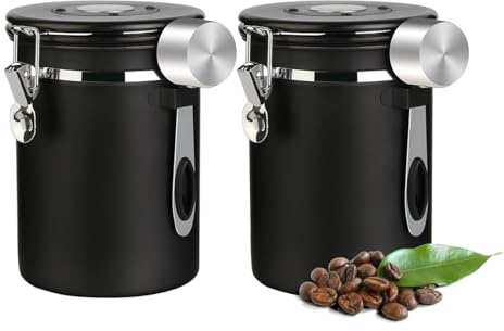 Luftdichte Edelstahl Kaffeedose, Vakuum Kaffeebehälter Kaffeebohnen Vorratsbehälter mit Datumsverfolgung, CO2-Freigabeventil und Messlöffel, für Tee Nüsse Kakao Frisch 1,8L (2er Set - Schwarz)