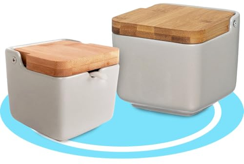 Dekohome Salero y Azucarero de Cerámica con Tapa Madera para Cocina, Recipiente para Especias y Aliños, Natural