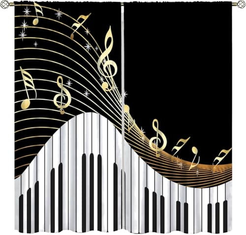 Vorhang Blickdicht Gardinen Mit Ösen - 2 Stücke 183 (B) X 214 (H) cm Verdunklungsvorhänge 3D Musikinstrument Klavier Muster Thermovorhang Für Kinderzimmer Schlafzimmer Weihnachtsgardine 9426351327480