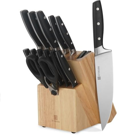 ZUNMARK Set di Coltelli da Cucina 13 Pezzi Professionale con Blocco Legno e Affilatore Integrato, Coltelli Chef Affilati - Ideale per Casa e Ristoranti, Nero Elegante, Lavabile in Lavastoviglie