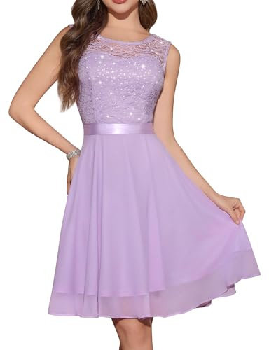 Berylove cocktailklänning dam aftonklänningar elegant för bröllop klänning bröllopsgäst chiffong ärmlös spetsklänning, Glitter lavendel, L