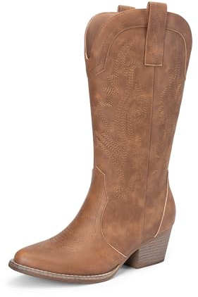 DREAM PAIRS Cowgirl Western Boots för kvinnor | Broderade spetsig tå låg klack västerländska vadstövlar för temafest landskonsert