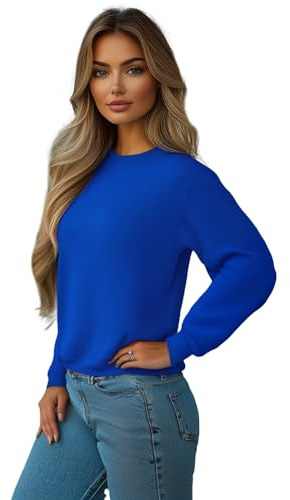 OZONEE Damen Sweatshirt Pullover Langarm Farbvarianten Langarmshirt Pulli ohne Kapuze Baumwolle Baumwollmischung Classic Basic Unifarbe Rundhals-Ausschnitt Sport 777/6502B Kobalt M