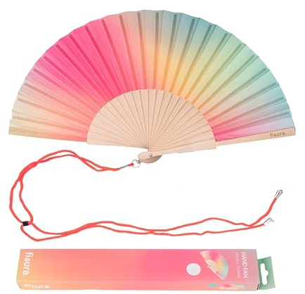 Fisura – Abanico Original con Estampado de Ondas y Rayas. Abanico de Madera Moderno y Colorido. Ventilador de Mano Rosa y Verde. (Degradado, Rosa y Verde)