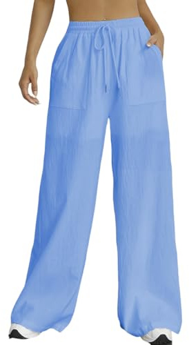 Nuofengkudu Verano Pantalones Mujer Anchos Bolsillos Cordón Ajustable Goma Cintura Alta Ligeros Transpirables Liso Cómodos Largo Pantalon Pijama Holgados Yoga Pants Playa Vacaciones