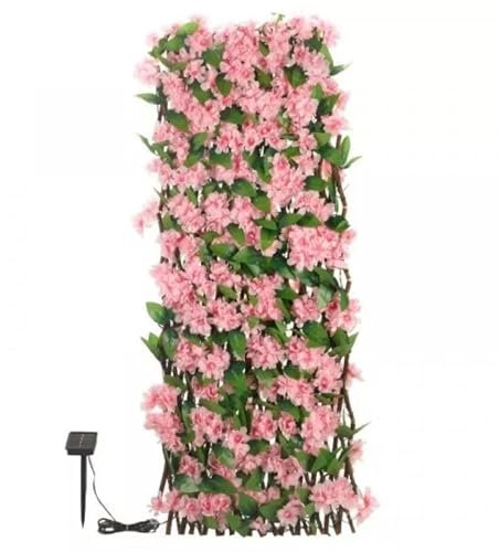 AAMEN Faux Solar In-Lit Blossom Trellis Living Wall Panel Realistic Solar Powered Expandable Trellis Privacy Fence Screening Balcony Privacy Screen Garden Decoration, (180x90cm) (Pink)