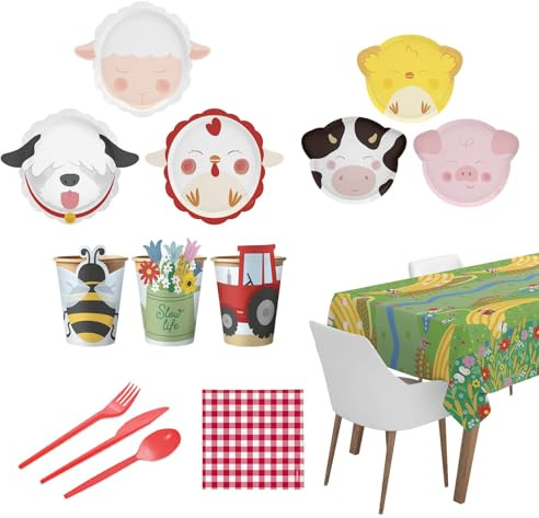 OH YEAH - Vajilla Fiesta de Cumpleaños Granja - Cumpleaños Infantil 12 Personas - 103 piezas - Decoración Vajilla Cumpleaños Infantil Temático - Kit Mesa Granja - Platos y Vasos para Cumpleaños