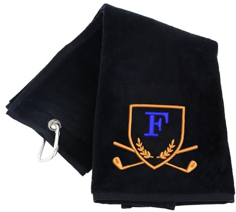 Always Looking Good Golf Towel with Monogrammed Embroidery Initial Letter Luxury Velour 50cm x 40cm Custom Embroidered Golf Towel with Carabiner Clip Gift- Golf Gifts for Men (Black, F)