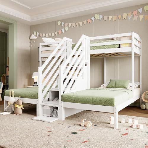NovaFurnish Letto a soppalco, 90 x 200 cm, 3 letti, in legno di pino, scaletta riponibile con cassetti, ringhiere, certificato EN 747, senza materasso, bianco