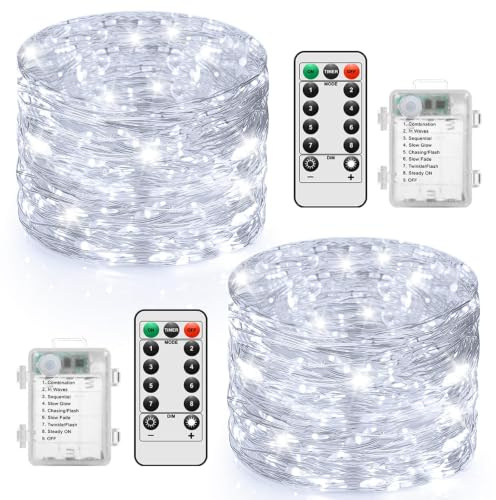 2-Pack Fairy Lights Battery Operated, 10M 100LED String Lights with Remote Timer Control Copper Wire Twinkle Light 8 Modes Dimmable Waterproof Indoor for Bedroom DIY Party Christmas Deco, Cold White