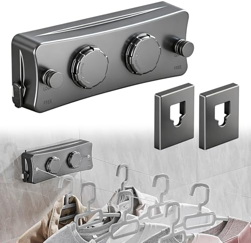 Feelhap Wäscheleine Ausziehbar, Einziehbare Wäscheleine Innenwäscheleinen, Ausziehbare wäscheleine Wand für Balkon, Edelstahlseil Tragbar wandwäscheleine Wandmontage 2 * 5.1 m Doppelseil, Ohne Bohren