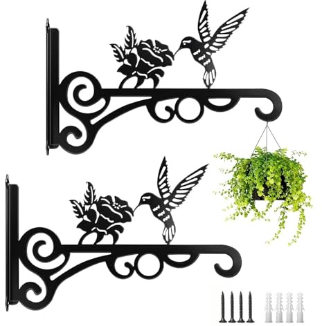 HAOQIAGA 2 Pcs Iron Plant Hanger, Hanging Basket Brackets Wall Hooks | Hanging Baskets Plant Hooks for Plants, Flowers, Bird Feeders, Lanterns, Indoor Metal Hanger for Garden Porch Patio (Black)