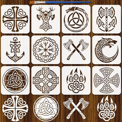 FINGERINSPIRE 12 Stück Wikinger Schablone Zum Malen 20x20cm Zeichenschablone Mit Wikinger Motiv Schild Keltischer Knoten Waffen Zeichenvorlage Mit Pinsel Zum Malen Auf Holz Stoff Wandkunst Handwerk