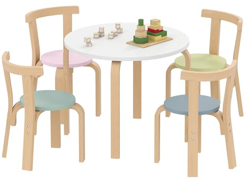 AIYAPLAY Kindertisch Holz mit 4 Stühlen 5-teilig Set für 3-8 Jahre Bunt