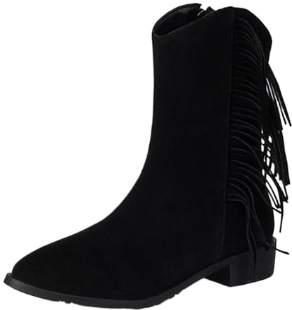 CuteFlats Western-stövlar med fransar | 2,8 cm klack och 19,5 cm skafthöjd | dragkedja på sidan | mysigt foder | för vardag och fester, svart, 52 EU