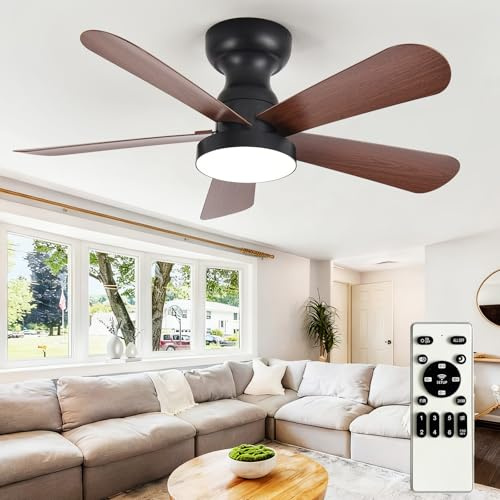 Depuley Small Ceiling Fan with Lights: 35-Inch Flush Mount Fan with Light and Remote - Low Profile Ceiling Fans Reversible Quiet DC Motor for Bedroom Living Room Indoor Outdoor, Walnut