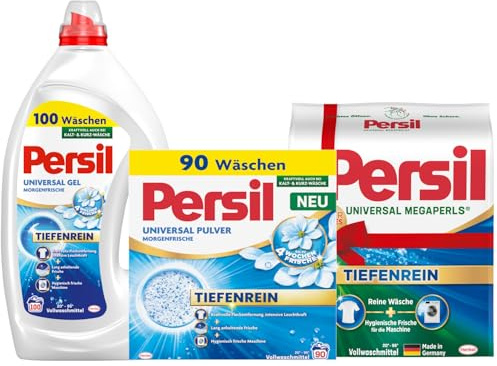 PERSIL Universal Pulver Morgenfrische 90 WL 4,95 kg + PERSIL Universal Kraft-Gel Morgenfrische 100 WL 4,5 L + Megaperls Universal 16 WL 1,04 kg – Waschmittel Set für extra frische & saubere Wäsche