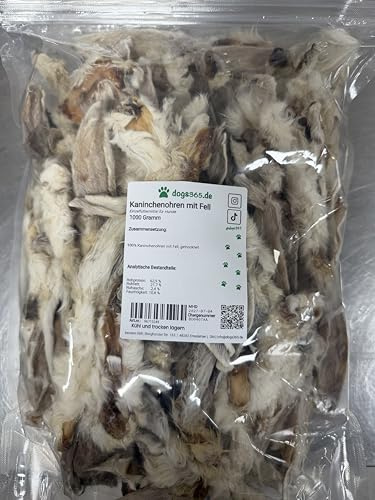 Kaninchenohren mit Fell für Hunde, 1kg, Natürlicher Kausnack, Unterstützt Darmgesundheit, für Alle Hunderassen und Altersstufen