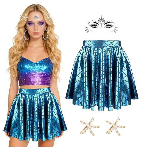 Kuvarix Costume de Sirène Femme, Femme Costume Sirène Set, Bleu Jupe Sirène Brillante +2 Barrette Étoile de Mer+Tatouage Gemme de Visage, pour Carnaval, Accessoires de Déguisement Soirées à Thème