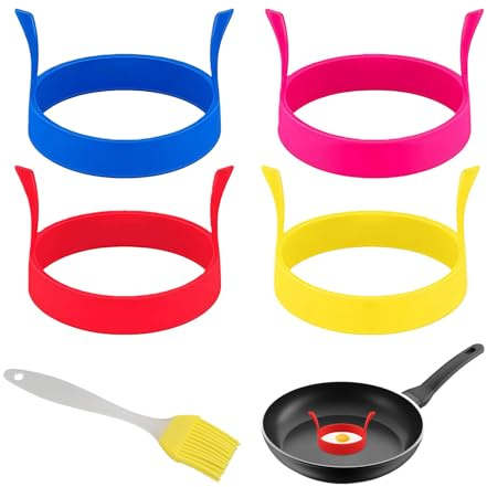 Reochps Silicone Egg Rings 4 Pcs Round Egg Ring Mold Non-Stick Fried Egg Ring with 1 Oil Brush Heat-Resistant Pancake Rings Perfect for Saucepan Frying Perfect Fried Eggs Mcmuffin Crumpets