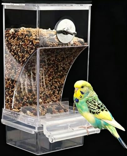 Automatic Bird Feeder for Cage,No Mess Bird Feeder,Acrylic Parrot Seed Food Container with Perch Bird Cage Accessories for Parakeet Finch Lovebirds Budgies Canary (Transparent)