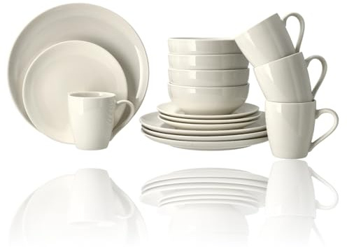 Vajilla blanca de 16 piezas – Vajilla de porcelana para 4 personas – Juego completo de platos con platos, platos de desayuno, cuencos y tazas – Microondas y Lavavajillas Resistente