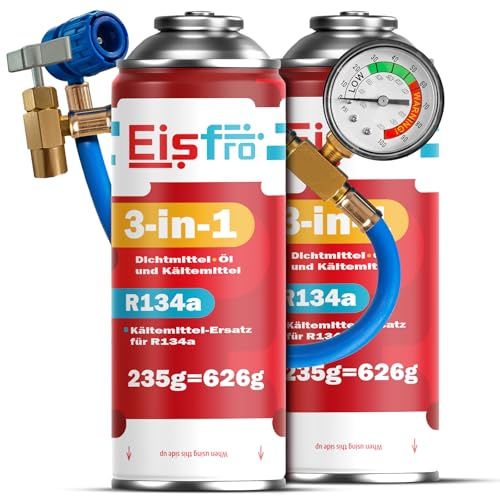 Eisfro - Sostituto del refrigerante R134a 3 in 1 – 2x 235 g per climatizzatori con tubo, manometro e adattatore HP/LP – Ricarica climatizzatore auto – ECO