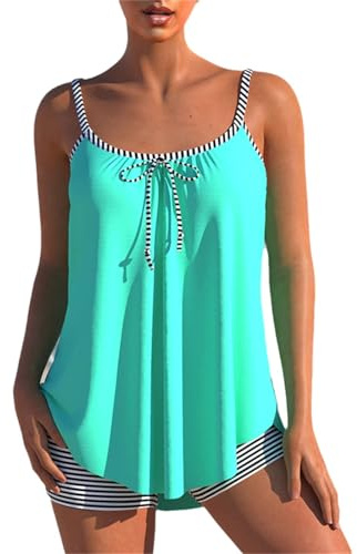 Glamidea Tankini Elegante per Donna Abbigliamento da Spiaggia Estivo 2 Pezzi Leggero Swimsuit con Fiocco Spalline a Spaghetti Top Senza Maniche e Pantaloncini da Bagno a Righe Casual