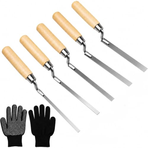 6 Pcs Pointing Tool Set, Pointing Trowel with Gloves | Tuck Pointer with Wooden Handle for Diy, Bricklayer Brickwork Repointing and Gap Filling Tools