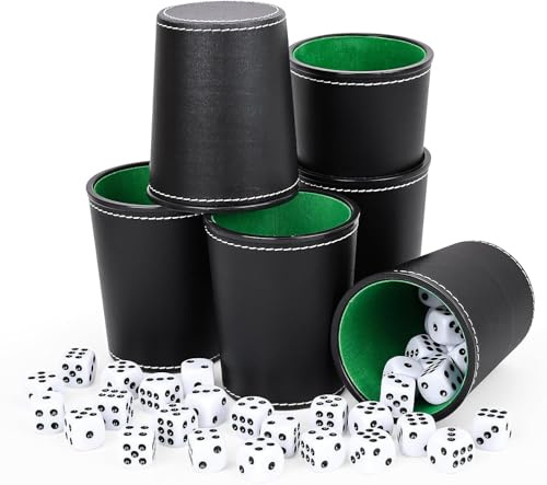 CLIUNT 6 Piezas Juego de Tazas de Dados de Cuero con 36 Dados, Vasos de Dados de Piel, Cubilete Dados Poker, Forro de Terciopelo, para Juegos de Mesa, Juegos de Fiesta y Reuniones Familiares (Negro)