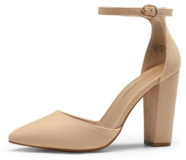 DREAM PAIRS Zapatos de Tacón Alto para Mujer Coco, Bombas de Tacón Cuadrado, Punta Cerrada, con Correa en el Tobillo, Zapatos de Vestir,Size 41,Desnudo/Ante,Coco