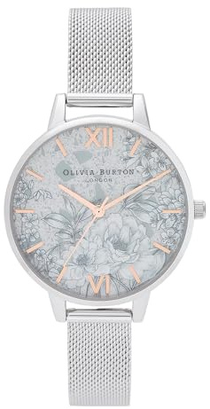 Olivia Burton Reloj Analógico de Cuarzo para Mujer Colección TERRAZZO Florals con Correa de Malla de Acero Inoxidable Plateada - OB16TZ06