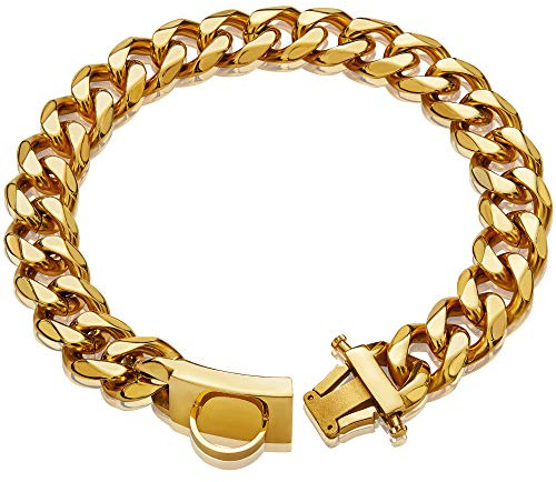 Goldenes Hundehalsband mit Metallkette, mit sicherem Design, 18 Karat vergoldetes kubanisches Glied, 19 mm dick, robust, kaufest, für mittelgroße und große Hunde (61 cm)