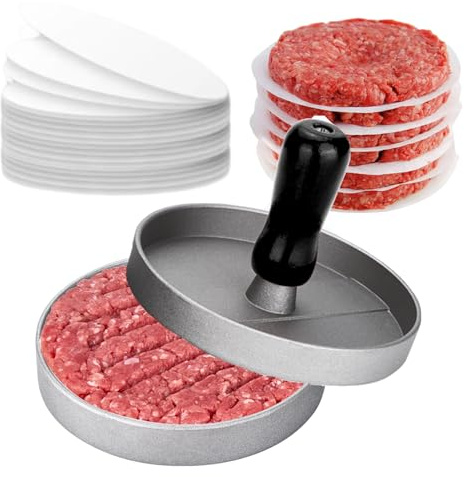 LAKEDO Burgerpresse mit 100 Wachsscheiben-Papieren, antihaftbeschichtetes Aluminium, Hamburger-Patty-Maker, Burgerpressen-Set für Burger-Patty