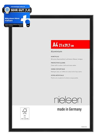 nielsen cornice per foto, 21 x 29,7 cm (A4), alluminio, Nero opaco, cornice per documentiper appenderein formato verticale e orizzontale, vetro sintetico, Atlanta