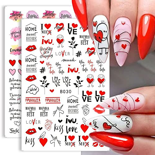 JMEOWIO Nagelsticker Valentinstag 9 Blatt Nagelaufkleber Selbstklebend Hochzeits-rote Herz-Liebes-Kuss-Lippenrosen-Blume Nail Art Sticker Dekoration Nageldesign Zubehör