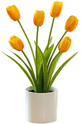HLTER Tulipanes artificiales naranjas en maceta, 13.7 tulipanes de tacto real en florero, ramos de flores falsas, arreglos de boda, decoración del hogar