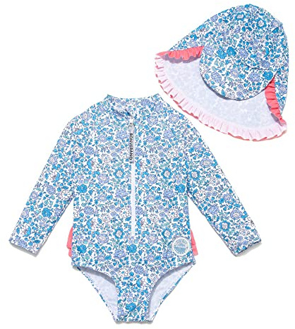 BONVERANO Traje de baño de una Pieza para niña, Mangas largas, protección UV 50+ con Gorra(Azul-Azul,18-24meses…