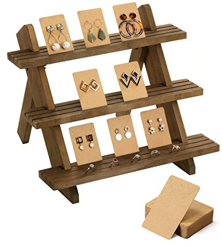 Emibele Schmuckständer, 3 Stufen Holz Schmuckaufbewahrung mit Rillen und 50 Karten für Ohrring Ring Halskette Armband, Schmuckhalter Ohrstecker Display Regal mit Rutschfesten Pads für Desktop, Braun