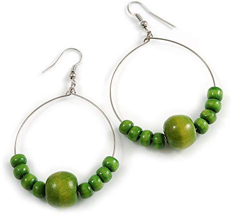 Pendientes de aro de madera verde lima, 50 mm de diámetro, en tono plateado, 75 mm de largo, talla única, Madera