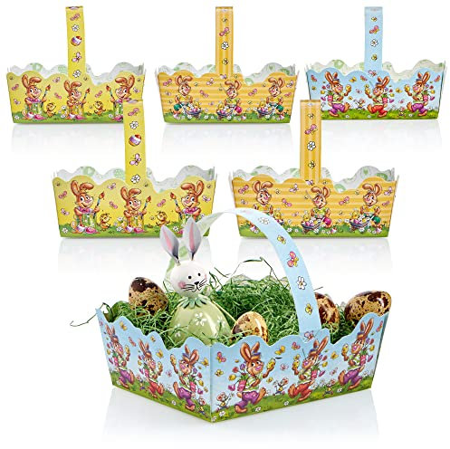 com-four® 6x Osterkorb mit Motiv - Pappkörbchen zum befüllen - Osternest für Geschenke und Ostereier - Geschenktasche aus Pappe mit Tragegriff (Set 3-6 Stück)